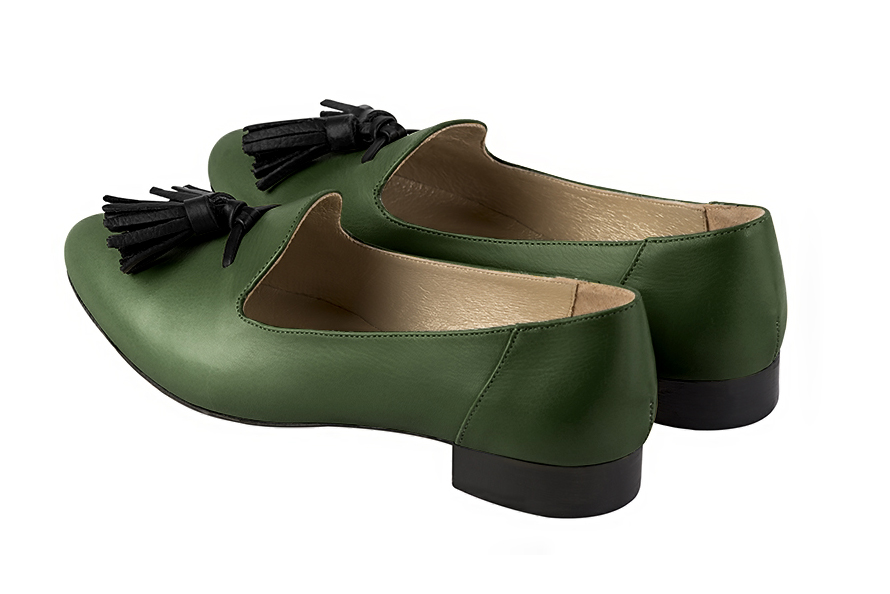Forest green and satin black women's loafers with pompons. Round toe. Flat leather soles. Rear view - Florence KOOIJMAN